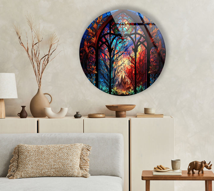 Stained Enchanted Forest Round Glass Wall Art picture on glass wall art, photos printed on glass
