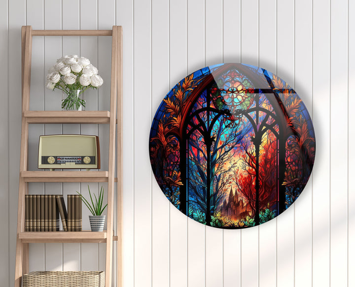 Stained Enchanted Forest Round Glass Wall Art large glass photo prints, glass wall photos
