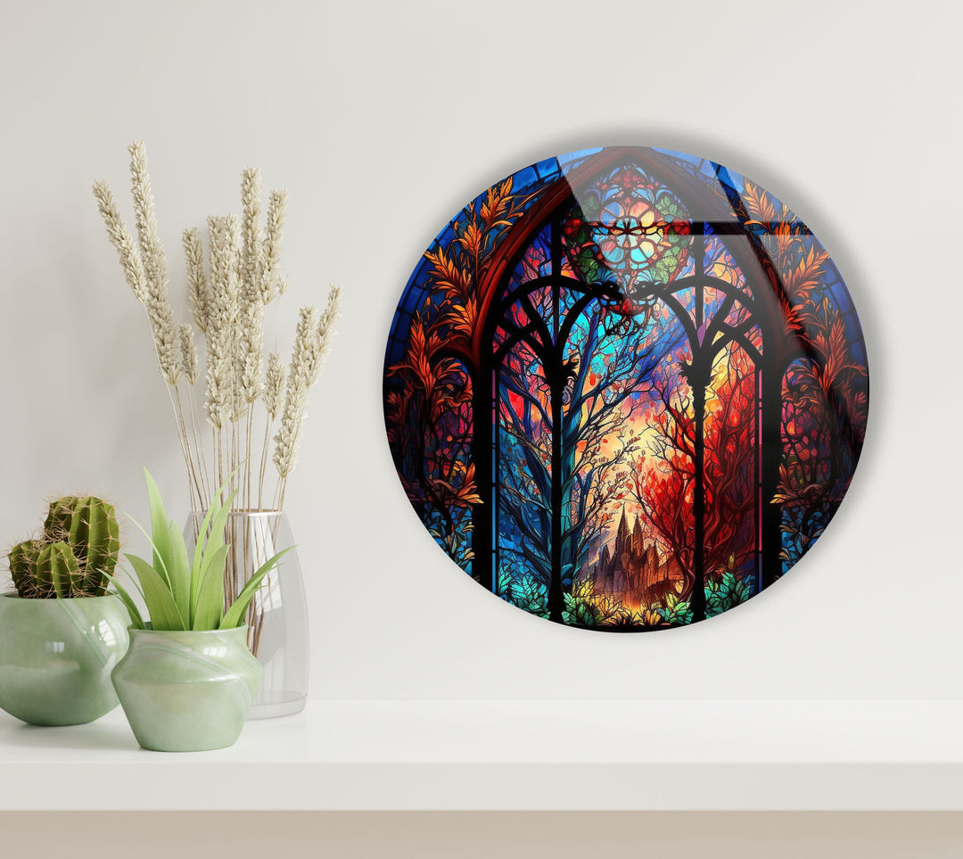 Stained Enchanted Forest Round Glass Wall Art glass pictures for Wall, glass prints wall art
