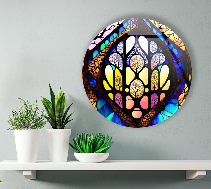 Stained Round Yellow & Brown Glass Wall Art