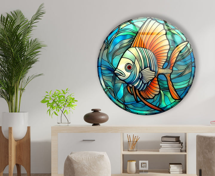 Blue Fish Round Glass Wall Art glass pictures for Wall, glass prints wall art
