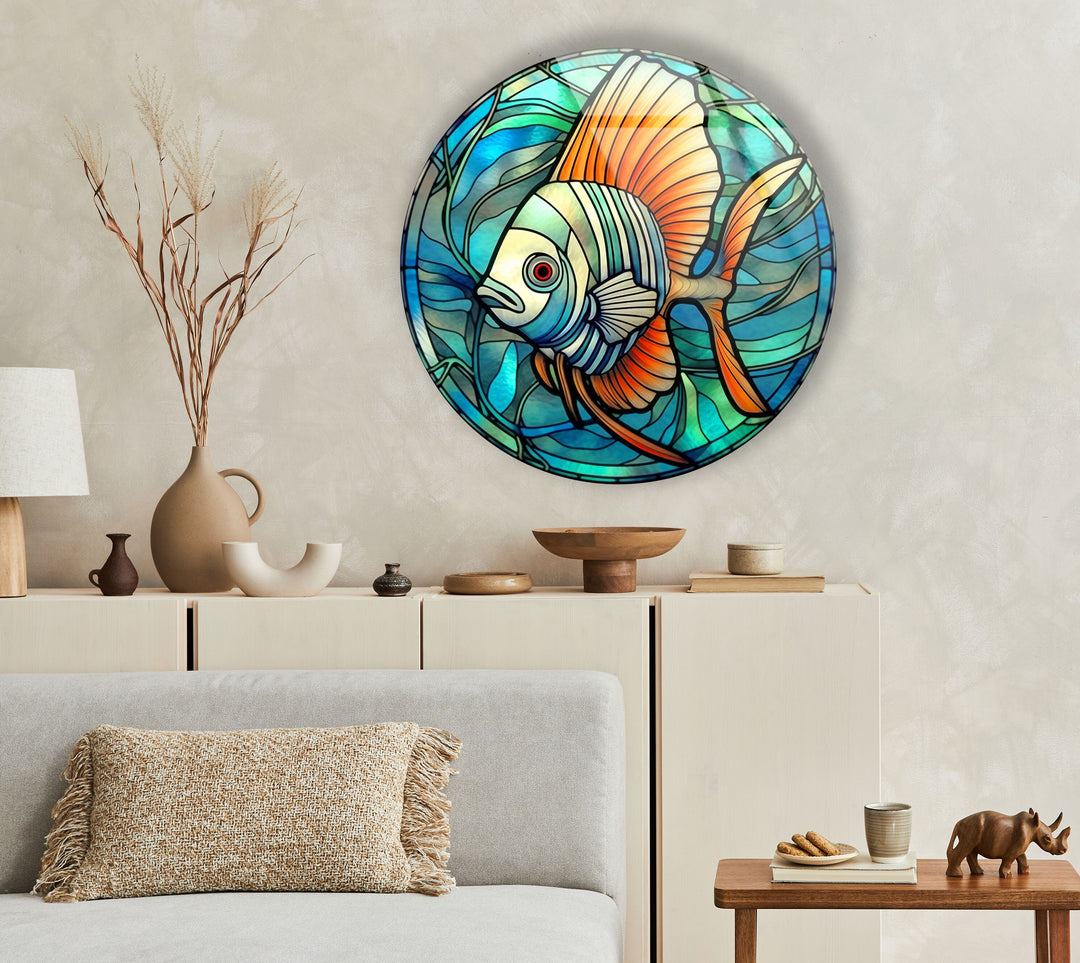 Blue Fish Round Glass Wall Art custom glass pictures, glass art prints
