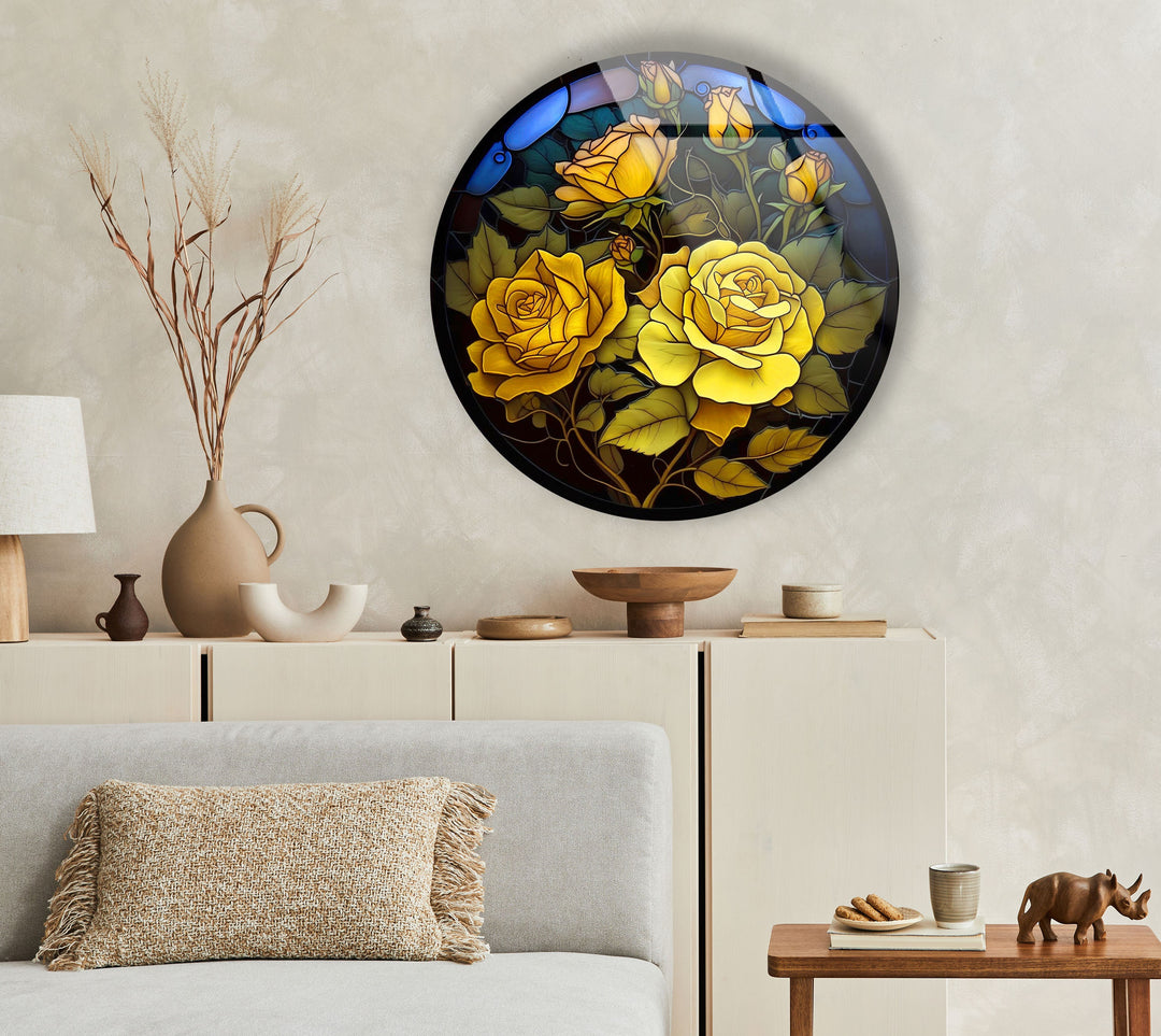 Yellow Roses Floral Round Glass Wall Art custom glass photo prints, large glass prints
