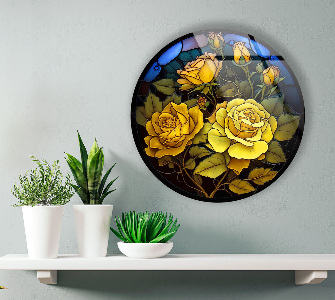 Yellow Roses Floral Round Glass Wall Art photo print on glass, prints on glass wall art
