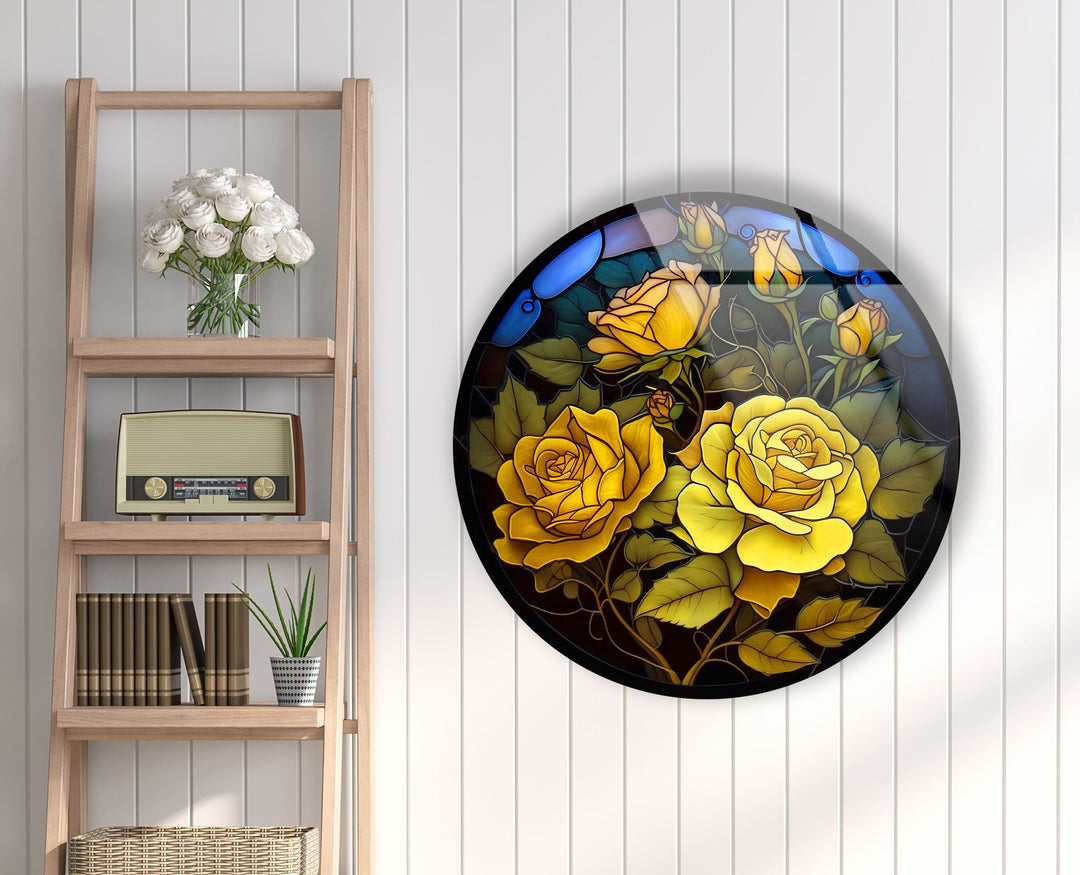 Yellow Roses Floral Round Glass Wall Art custom glass pictures, glass art prints
