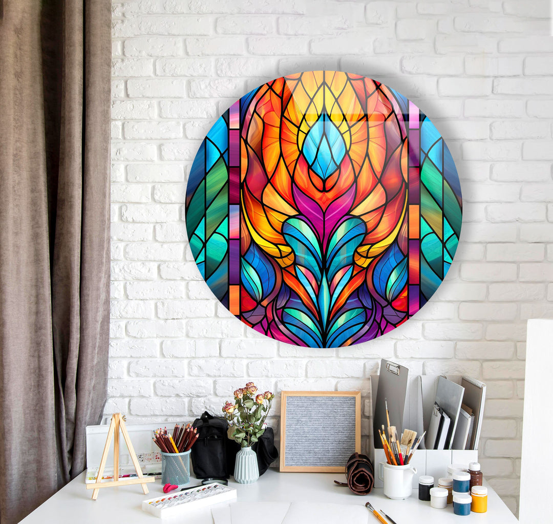 Stained Geometric Design Round Glass Wall Art picture on glass wall art, photos printed on glass
