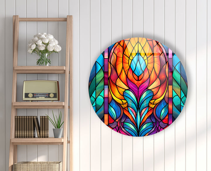 Stained Geometric Design Round Glass Wall Art glass pictures for Wall, glass prints wall art
