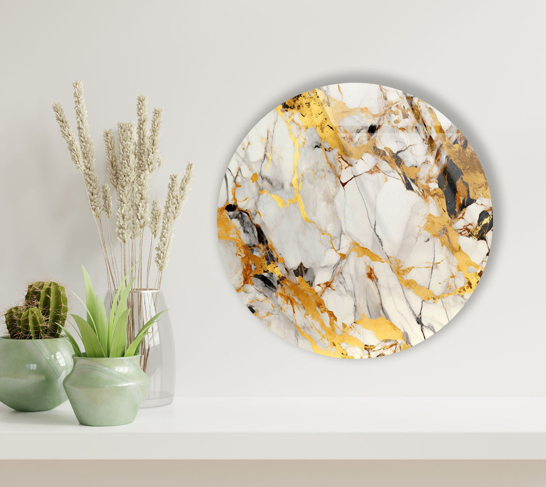 Golden Marble Round Glass Wall Art Glass Printing Wall Art, Print photos on glass
