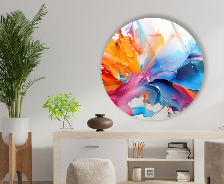 Abstract Round Orange & Blue Glass Wall Art picture on glass wall art, photos printed on glass
