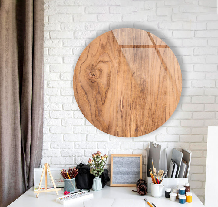 Light Brown Wooden Round Glass Wall Art custom glass pictures, glass art prints
