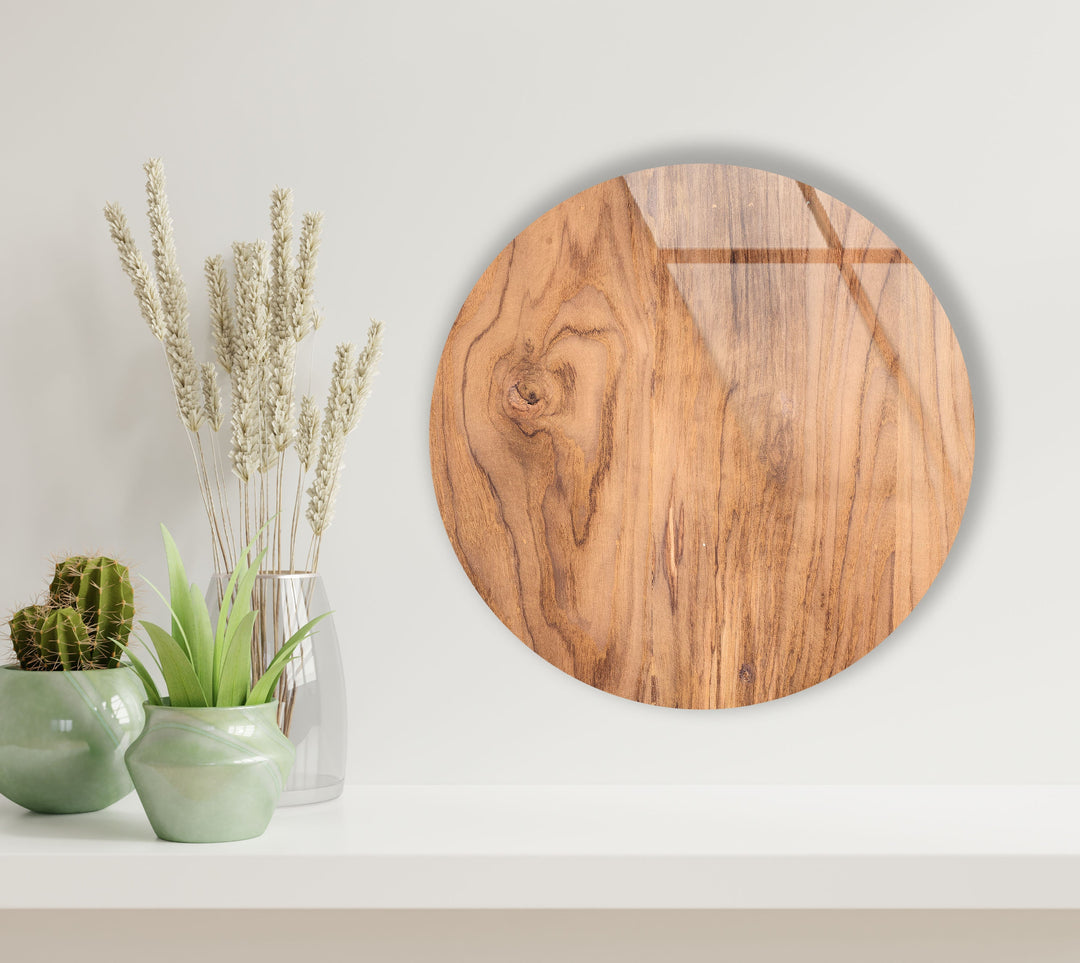 Light Brown Wooden Round Glass Wall Art glass pictures for Wall, glass prints wall art
