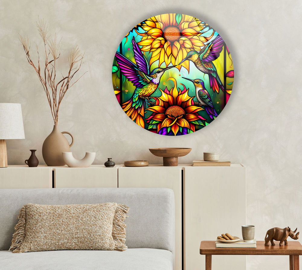 Stained Birds Round Glass Wall Art stained glass wall art, stained glass wall decor
