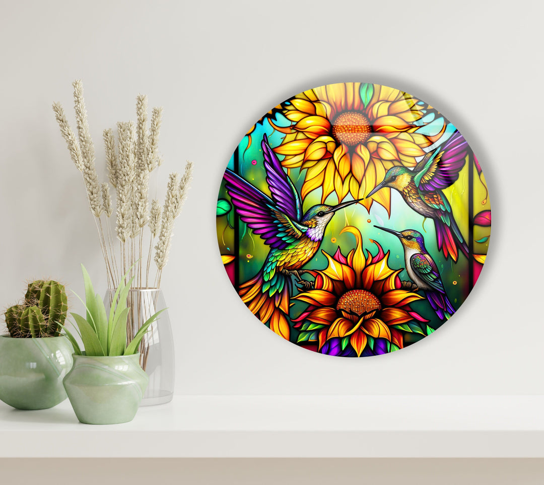 Stained Birds Round Glass Wall Art glass image printing, glass prints from photos
