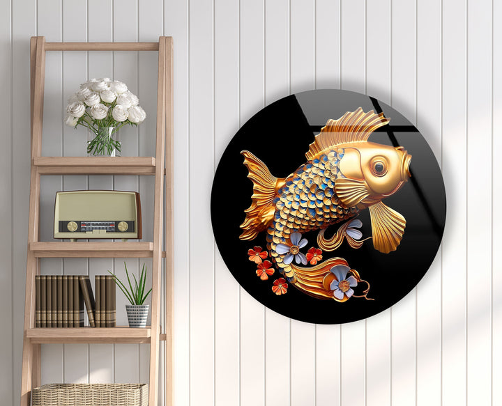 Golden Fish Round Glass Wall Art glass photo prints, glass picture prints
