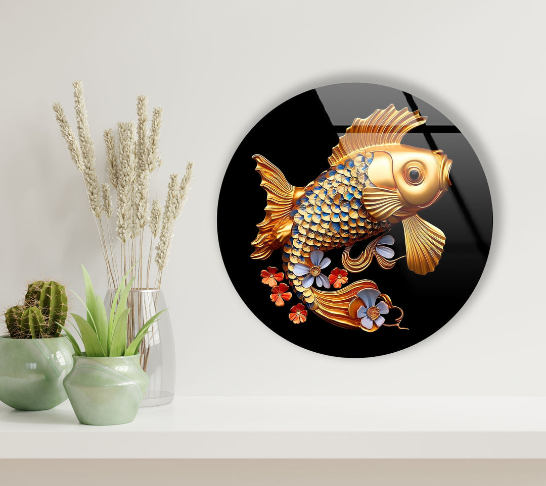 Golden Fish Round Glass Wall Art glass image printing, glass prints from photos
