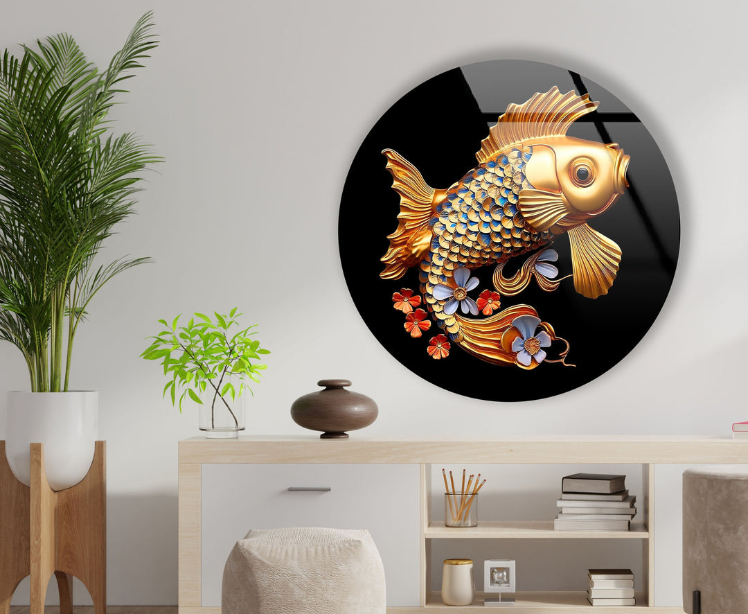 Golden Fish Round Glass Wall Art custom glass pictures, glass art prints
