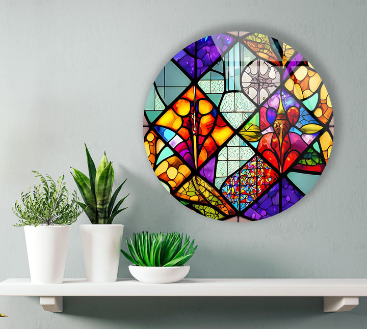 Colorful Shapes And Patterns Stained Round Glass Wall Art glass wall decor, glass wall art decor
