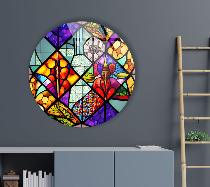 Colorful Shapes And Patterns Stained Round Glass Wall Art glass image printing, glass prints from photos
