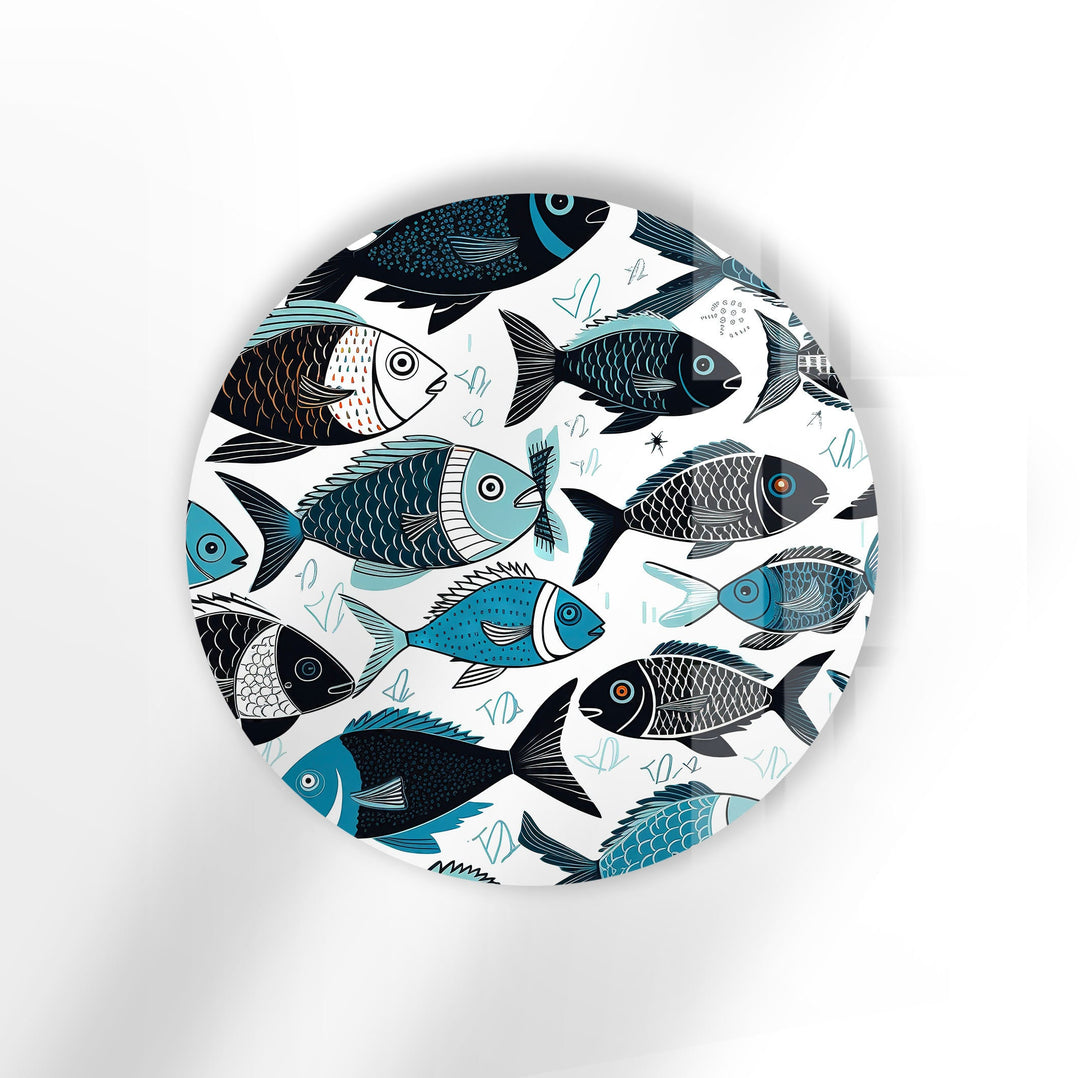 Cartoon Fish Round Glass Wall Art glass art painting, glass art for the Wall
