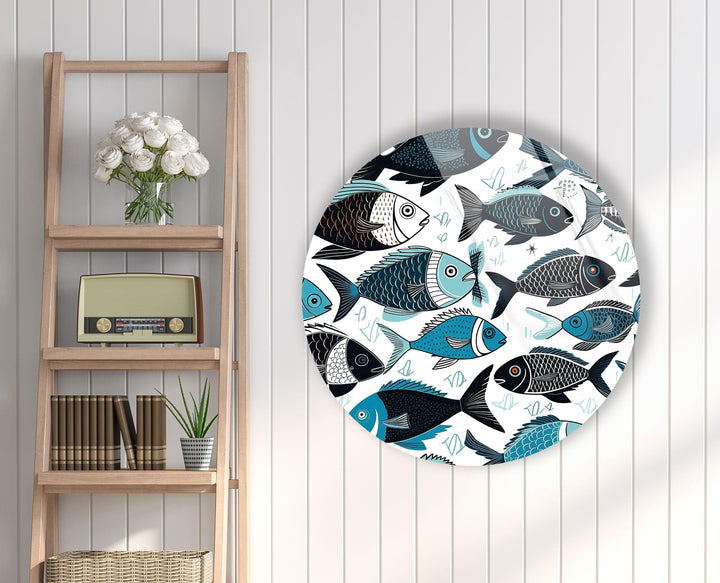 Cartoon Fish Round Glass Wall Art Glass Printing Wall Art, Print photos on glass
