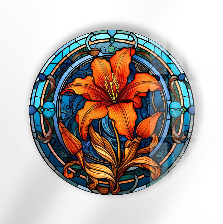 Circular Stained Orange Flower Round Glass Wall Art stained glass wall art, stained glass wall decor
