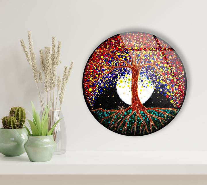 Brown Life of Tree Round Glass Wall Art glass photo prints, glass picture prints
