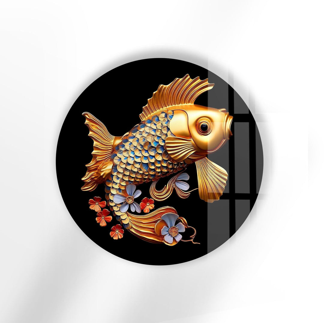 Golden Fish Round Glass Wall Art glass art painting, glass art for the Wall
