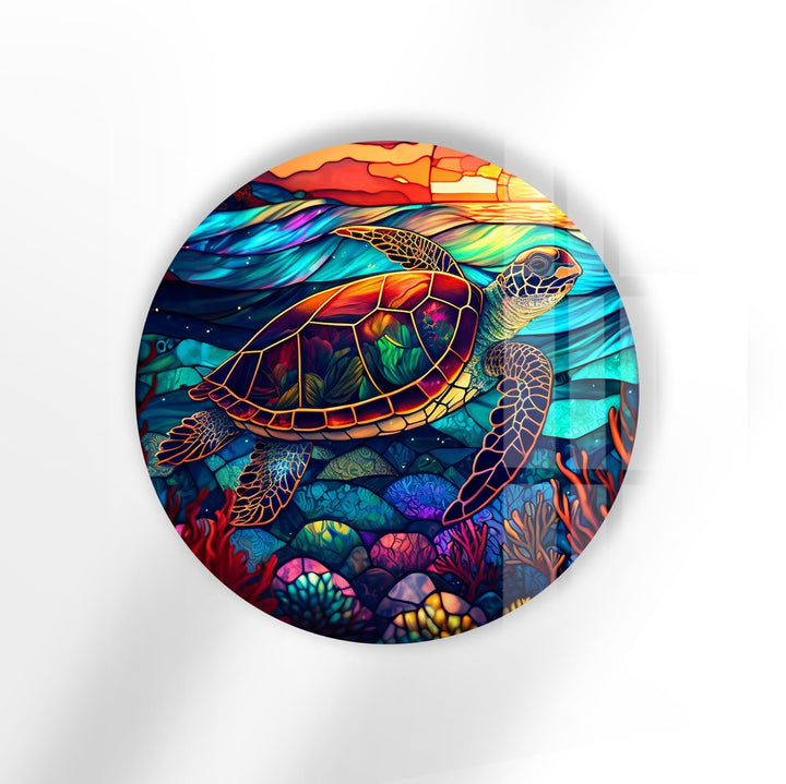 Sea Turtle Colored Round Glass Wall Art glass pictures for Wall, glass prints wall art
