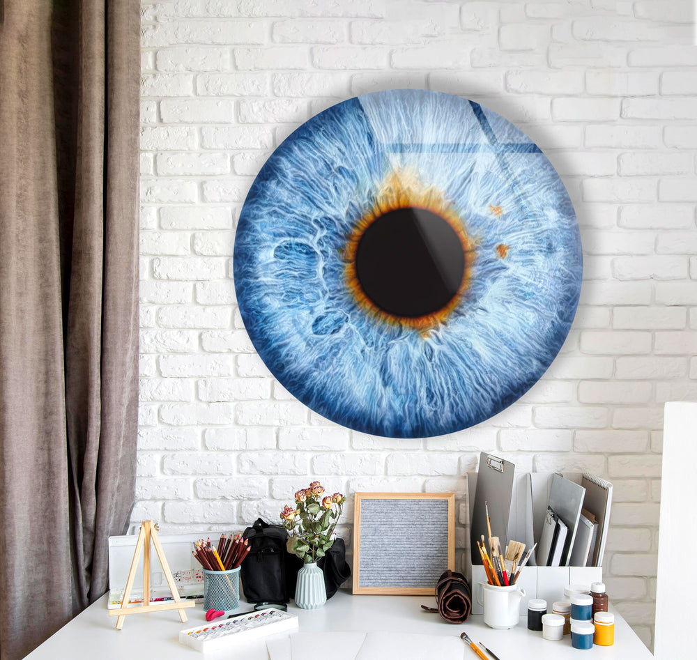 Realistic Blue Eye Round Glass Wall Art glass art painting, glass art for the Wall
