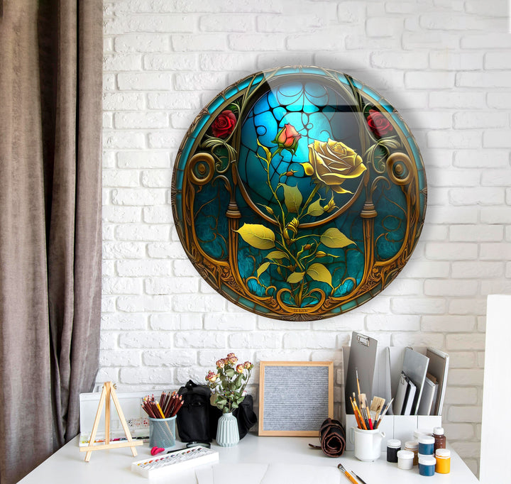 Stained Yellow Rose Round Glass Wall Art large glass photo prints, glass wall photos
