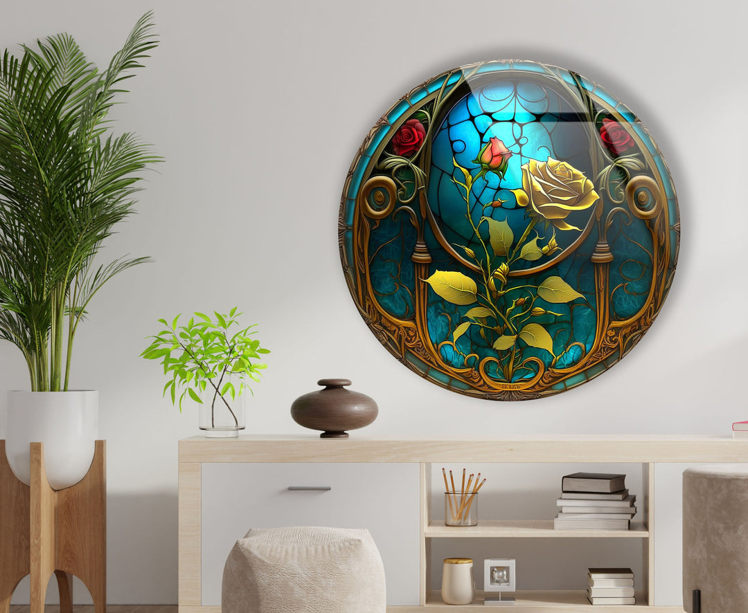 Stained Yellow Rose Round Glass Wall Art print picture on glass, Tempered Glass Wall Art
