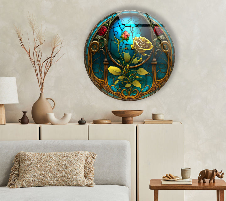 Stained Yellow Rose Round Glass Wall Art glass wall decor, glass wall art decor
