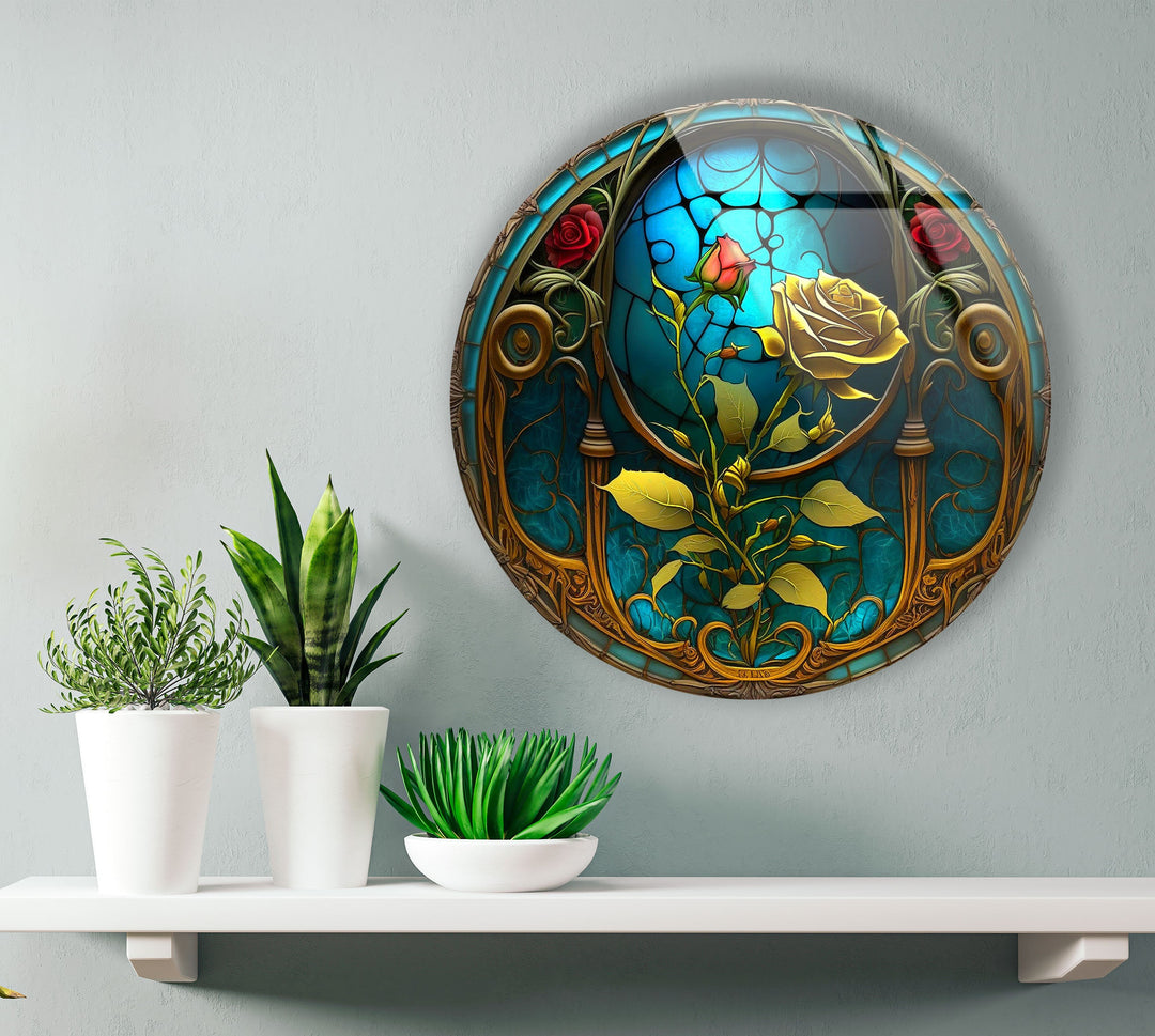 Stained Yellow Rose Round Glass Wall Art stained glass wall art, stained glass wall decor
