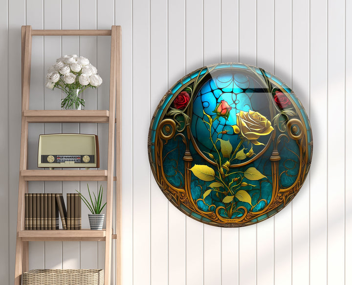 Stained Yellow Rose Round Glass Wall Art glass art painting, glass art for the Wall
