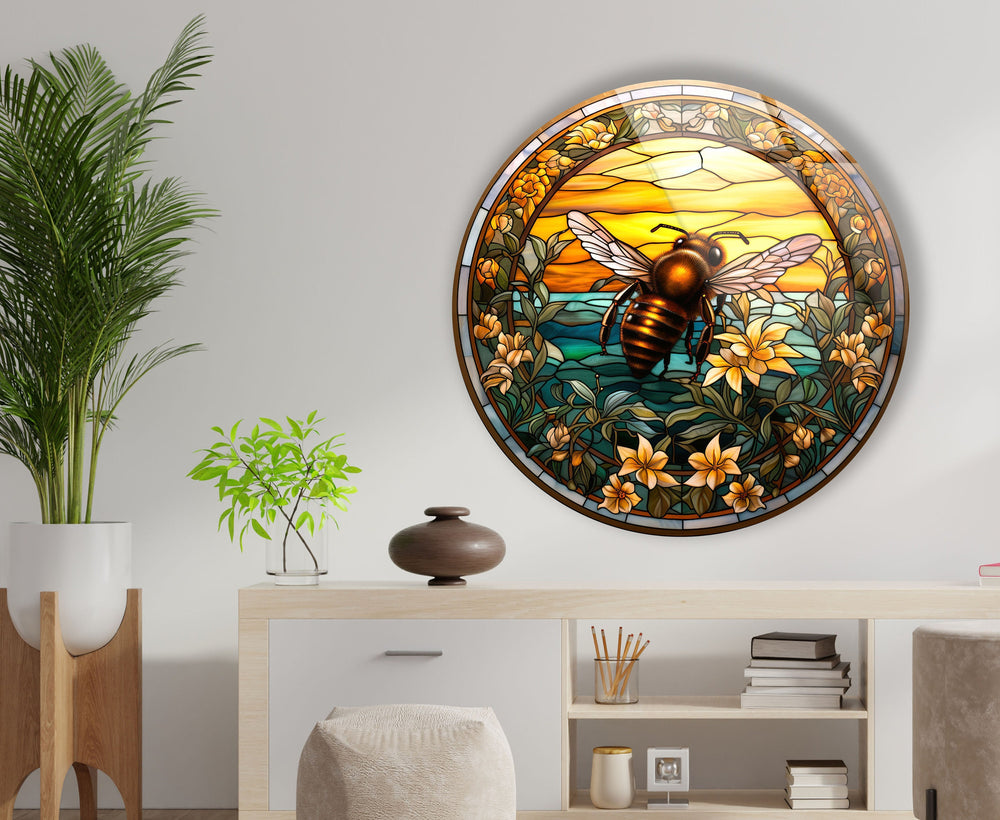 Stained Round Bee Glass Wall Art glass image printing, glass prints from photos
