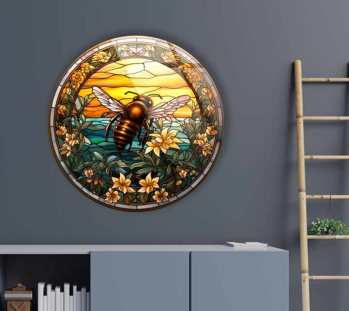 Stained Round Bee Glass Wall Art photo print on glass, prints on glass wall art
