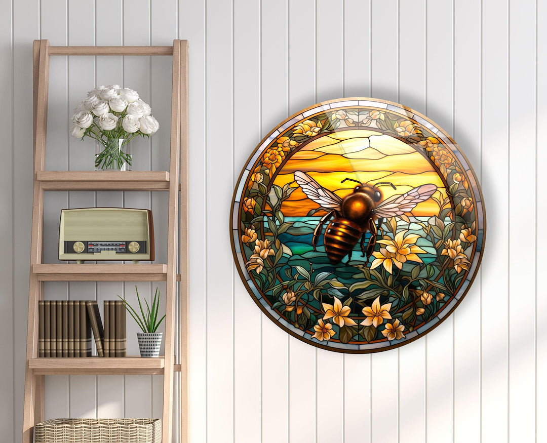 Stained Round Bee Glass Wall Art large glass photo prints, glass wall photos
