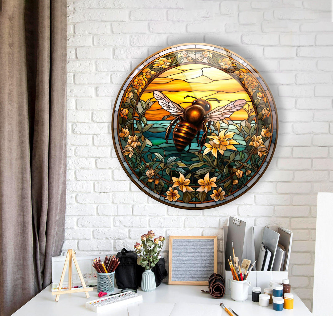 Stained Round Bee Glass Wall Art custom glass photo prints, large glass prints
