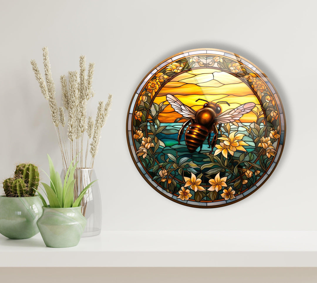 Stained Round Bee Glass Wall Art picture on glass wall art, photos printed on glass
