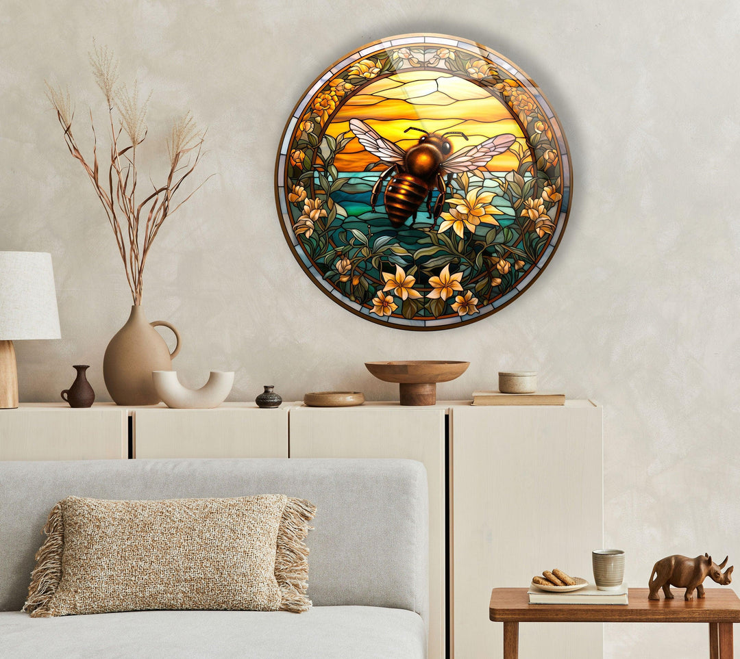 Stained Round Bee Glass Wall Art print on glass, glass printed photos
