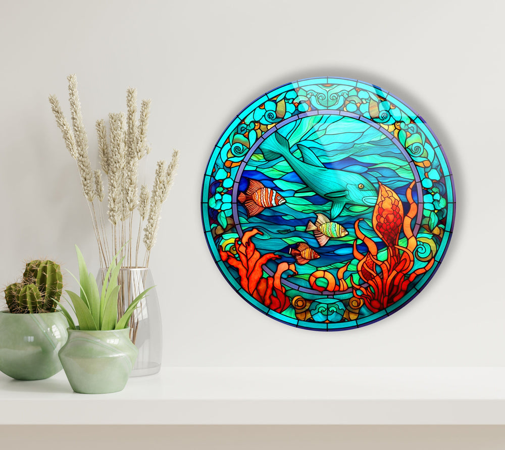 Stained Dolphin and Fish Round Glass Wall Art glass art painting, glass art for the Wall
