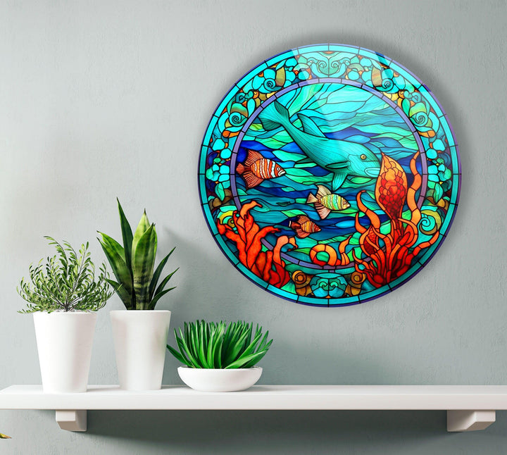 Stained Dolphin and Fish Round Glass Wall Art Glass Printing Wall Art, Print photos on glass
