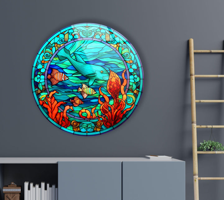 Stained Dolphin and Fish Round Glass Wall Art glass photo prints, glass picture prints
