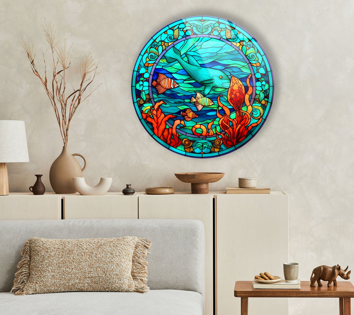 Stained Dolphin and Fish Round Glass Wall Art photo print on glass, prints on glass wall art
