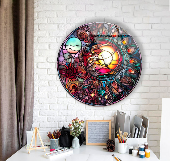 Stained Design Round Glass Wall Art glass art painting, glass art for the Wall
