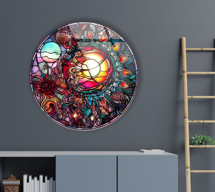 Stained Design Round Glass Wall Art Glass Printing Wall Art, Print photos on glass
