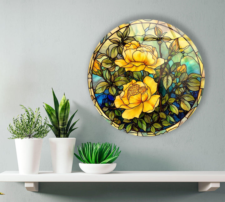 Stained Round Yellow Rose Glass Wall Art glass wall decor, glass wall art decor
