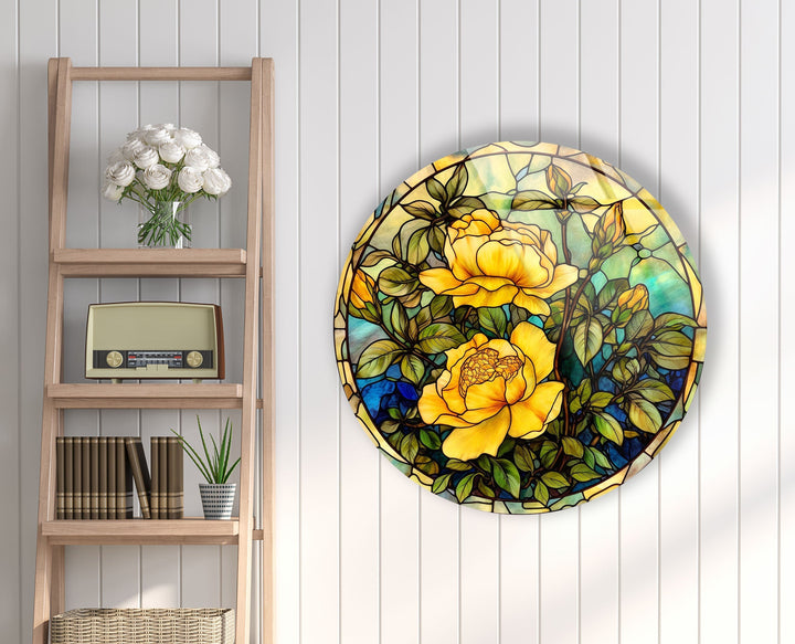 Stained Round Yellow Rose Glass Wall Art glass art painting, glass art for the Wall
