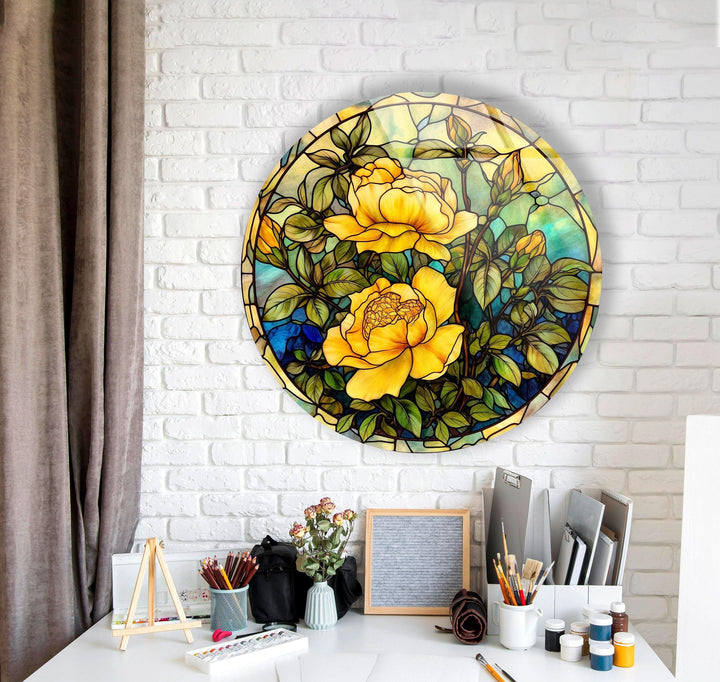 Stained Round Yellow Rose Glass Wall Art Glass Printing Wall Art, Print photos on glass
