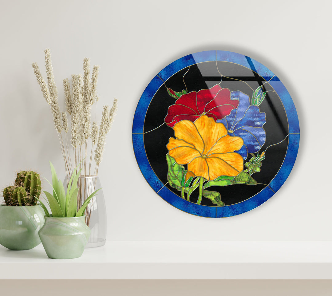 Colorful Flowers Round Glass Wall Art glass photo prints, glass picture prints
